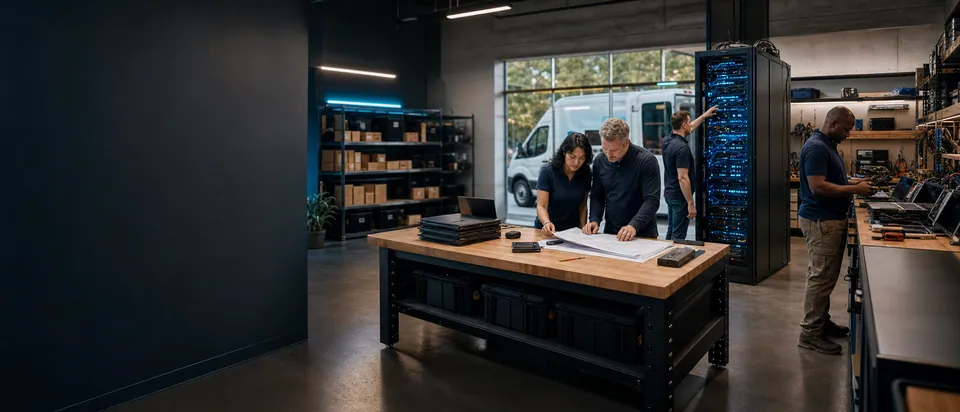 An experienced technology team coordinating infrastructure, hardware, inventory, and field service in the Quest operations facility.