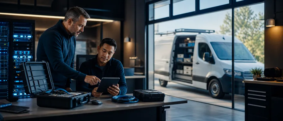Technology professionals coordinating field service beside an equipped service vehicle and enterprise systems.