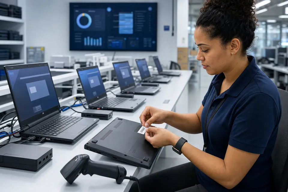 A technician applying an asset tag and preparing a laptop to an agreed configuration.