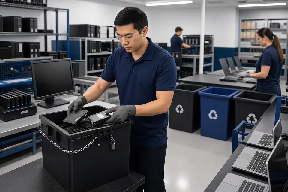 Retired business devices being inventoried for controlled data handling and responsible disposition.
