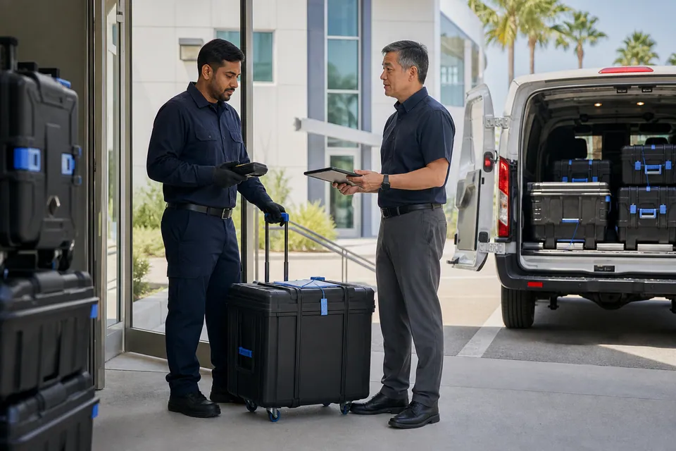 Labeled devices in protective cases being documented for secure pickup and return.