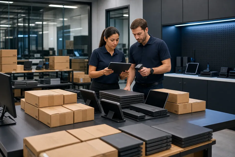 Business laptops organized for a standardized device procurement and staging program.