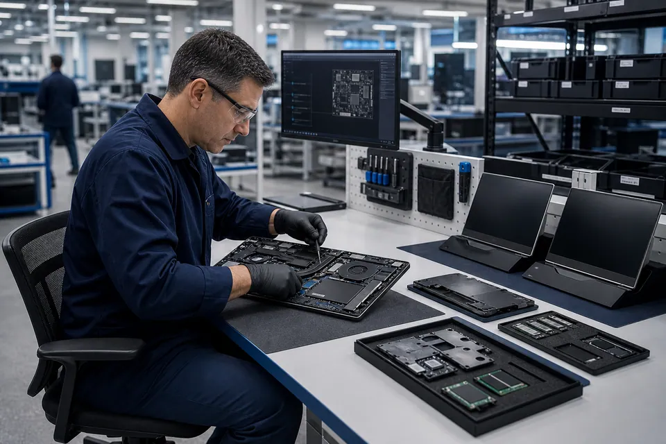 A trained hardware technician diagnosing and repairing a business laptop at an organized service bench.