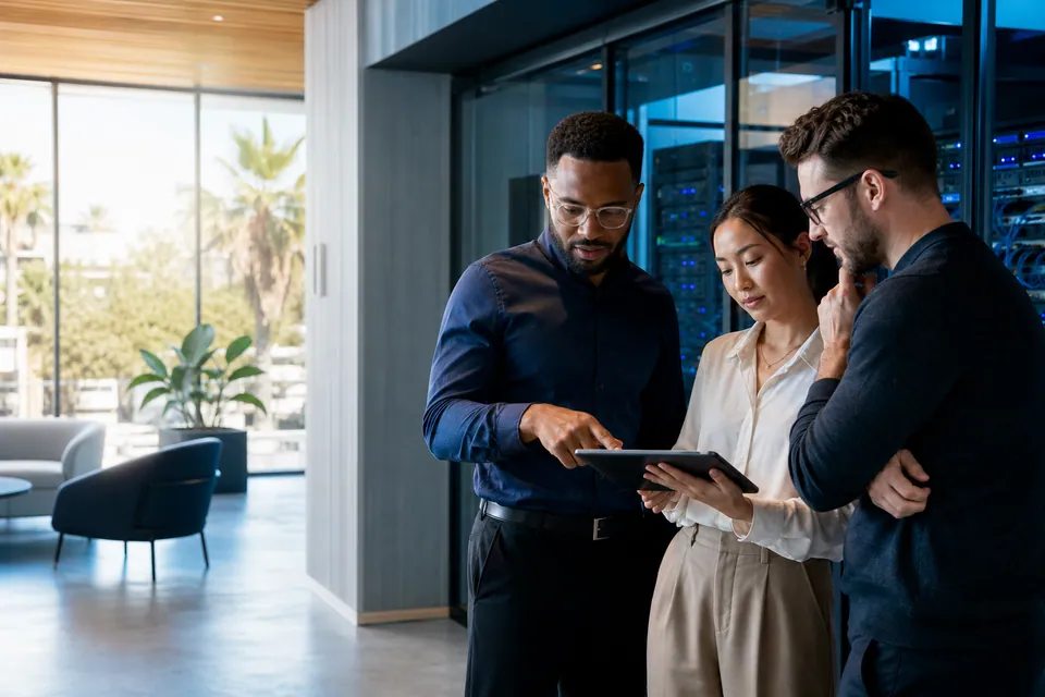 Technology professionals coordinating an integrated business technology environment.