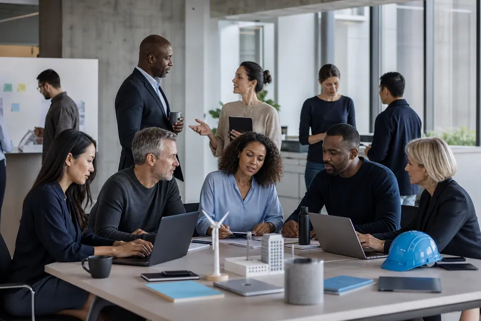 Professionals from varied industries collaborating in a modern workplace.