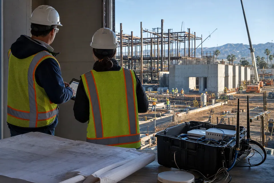 Construction professionals coordinating digital plans and field connectivity at an active commercial project.