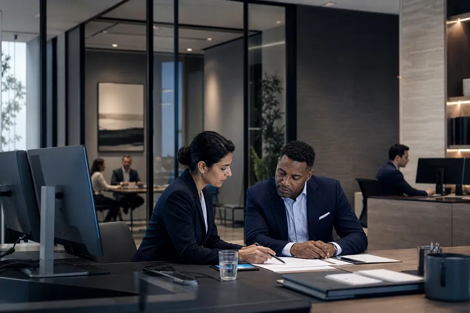 Financial professionals reviewing protected business information in a disciplined modern workspace.