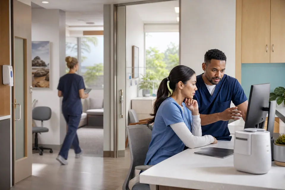 Healthcare professionals using connected technology in a bright clinical workspace.