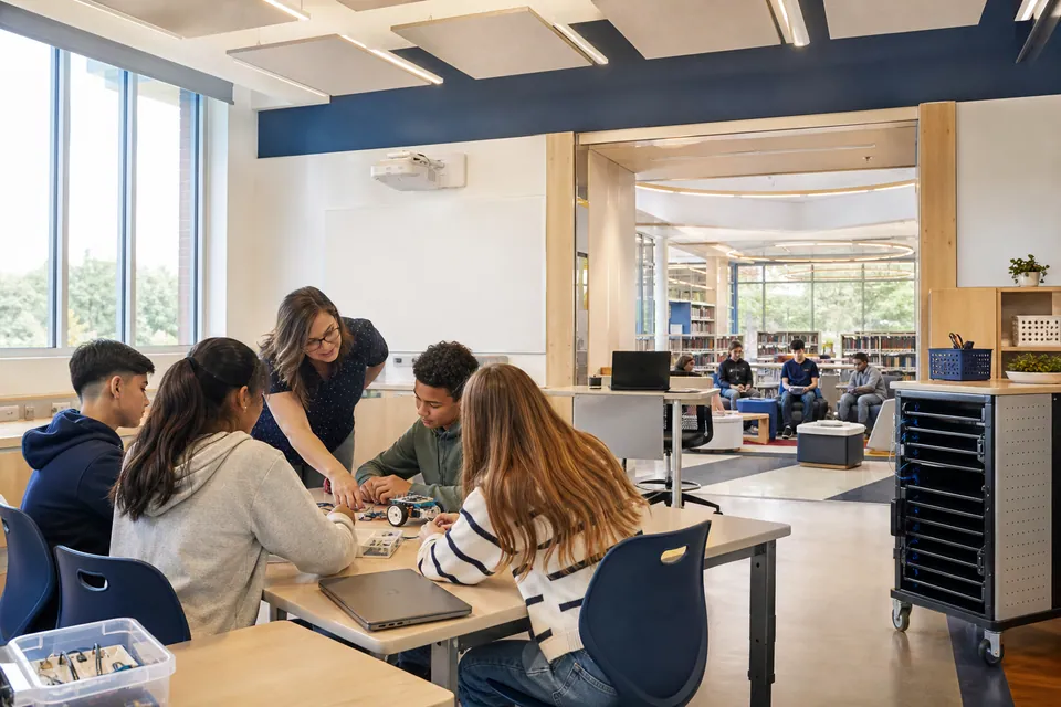 Students and educators learning with classroom technology in a bright, contemporary K–12 school.