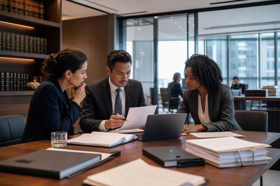 Legal professionals collaborating around secure digital casework in a refined law office.