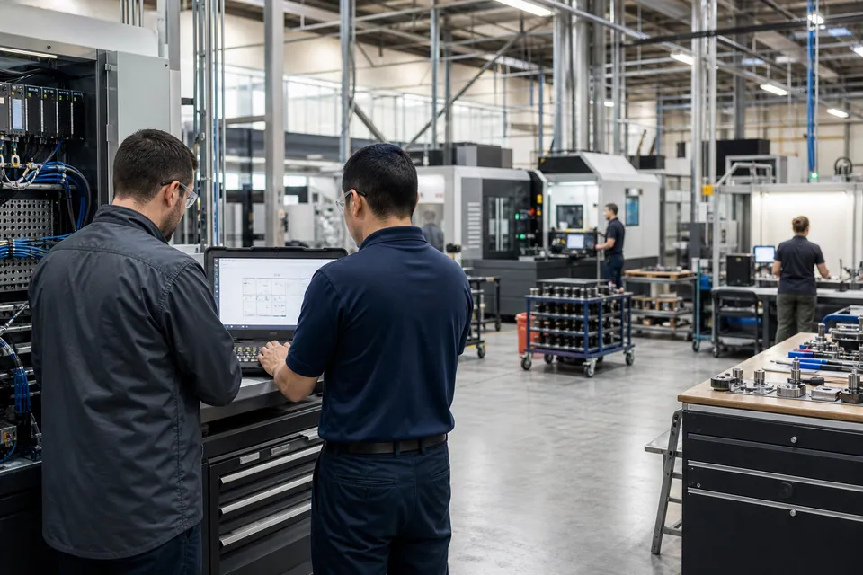 Manufacturing leaders reviewing connected operations on a clean production floor.