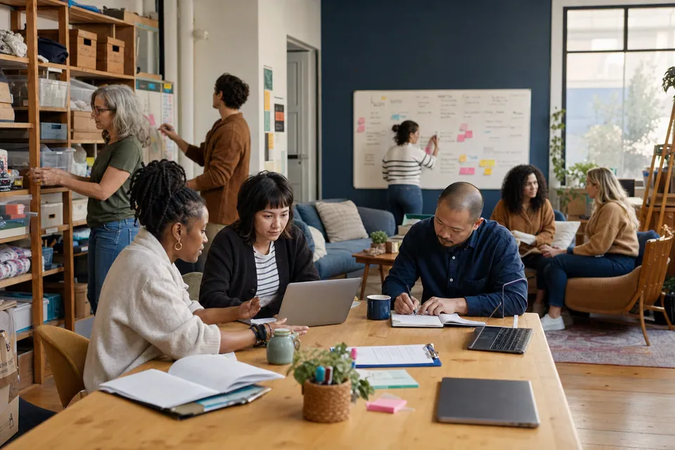 Nonprofit staff and volunteers using technology together in a welcoming community space.