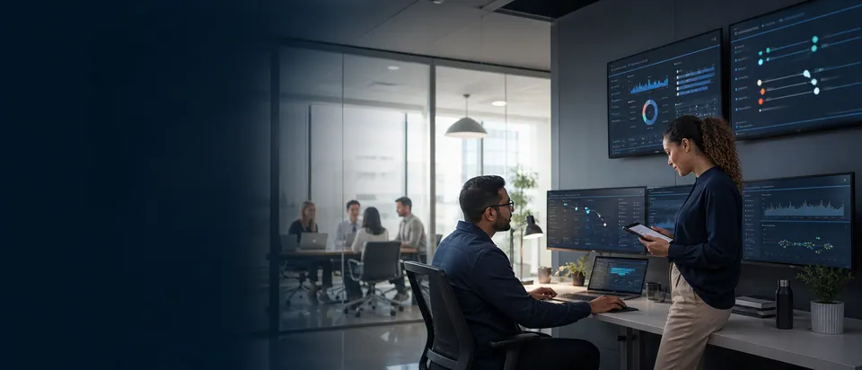 Cloud engineers coordinating a Microsoft 365 deployment and migration in a modern business technology environment.