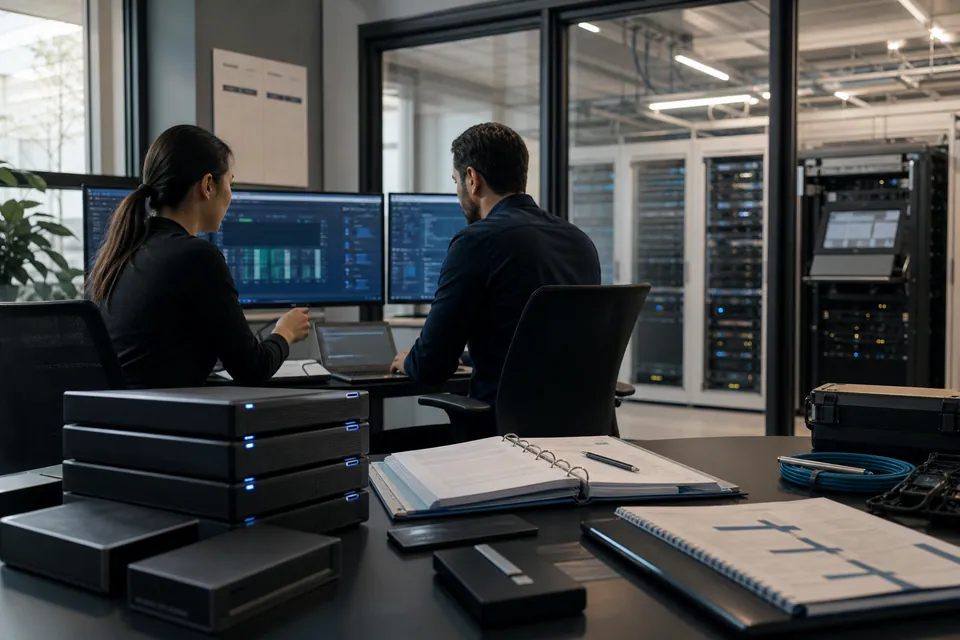 A technology team working through a documented recovery plan in a calm operations setting.