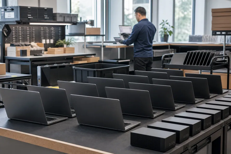 Lenovo business devices moving through tagging, standardized configuration, authorized service, and lifecycle tracking.