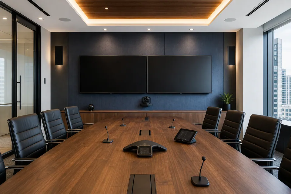 A finished commercial conference room with dual displays, an integrated camera, conference phone, microphones, and architectural speakers.