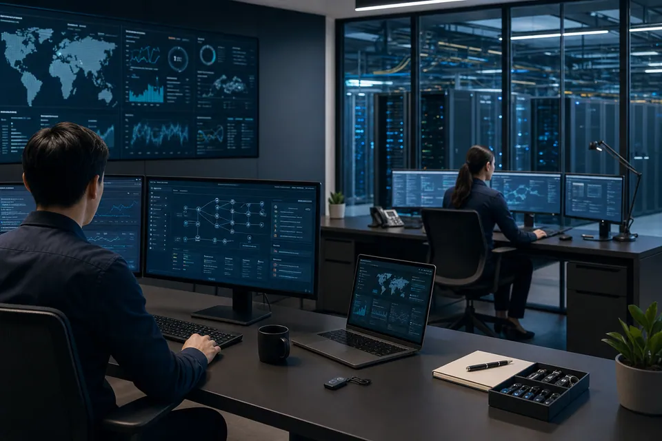 A security team reviewing several coordinated protection layers across a business technology environment.