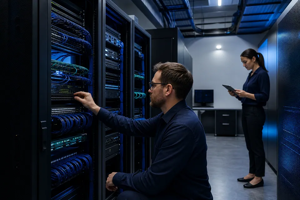 Technology professionals coordinating business systems from a refined network operations workspace.