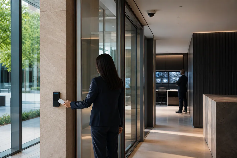 A security technology professional commissioning cameras and access-control infrastructure in a modern facility.