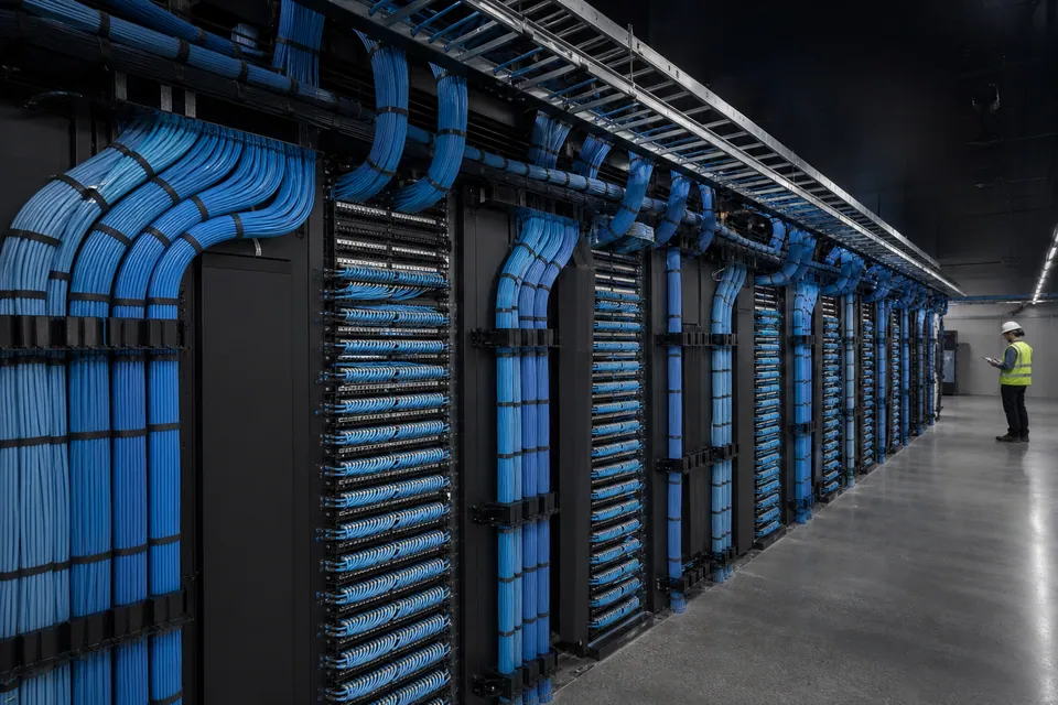 An expansive data-center cabling installation with precisely dressed colored cable bundles flowing into immaculate equipment racks.