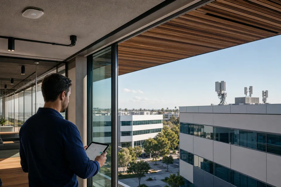 A network professional surveying enterprise wireless coverage across a large multi-building property.